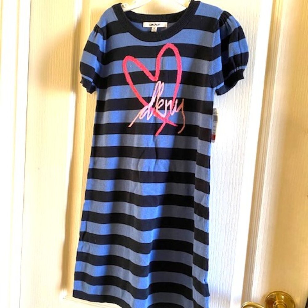 NEW DKNY Striped Dress Girls Size L (8-10) Pink Heart Blue-Black
